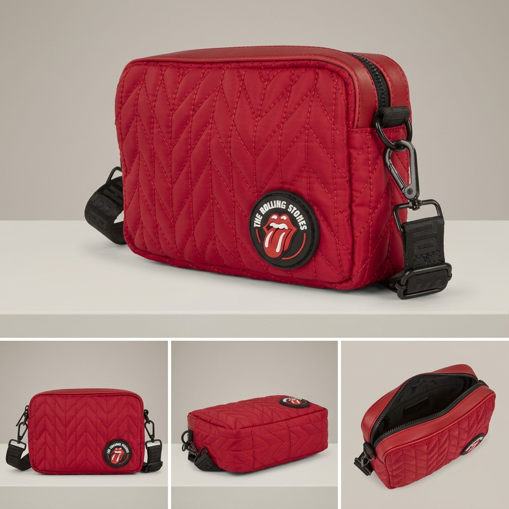 A product comparison image grid displaying three identical red quilted Rolling Stones crossbody bags from different angles. Each bag features the iconic tongue and lip logo patch and black hardware, showcased against a clean, premium background with subtle brand coloring.