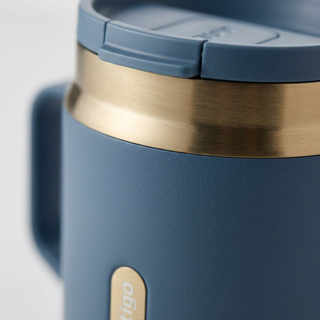 Macro close-up of a blue and gold Contigo mug with lid on a white background.