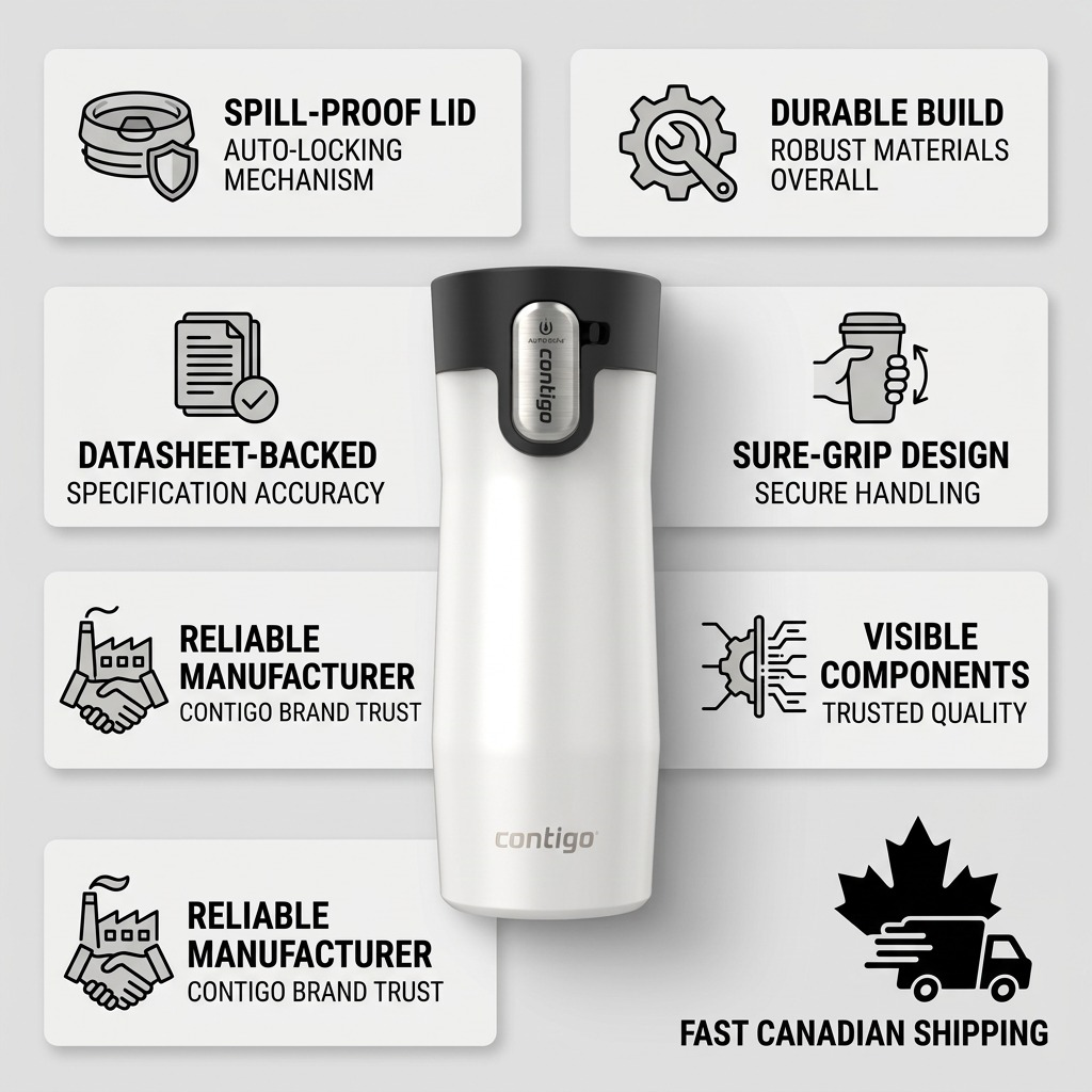 Infographic trust matrix showcasing key features and benefits of the Contigo West Loop 3.0 travel mug.