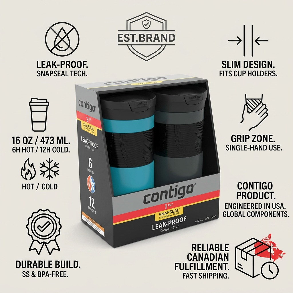 An infographic showing the Contigo Byron 2-Pack with trust icons for Leak-Proof, SNAPSEAL, Durable Build, and 16oz capacity. Fast reliable shipping.