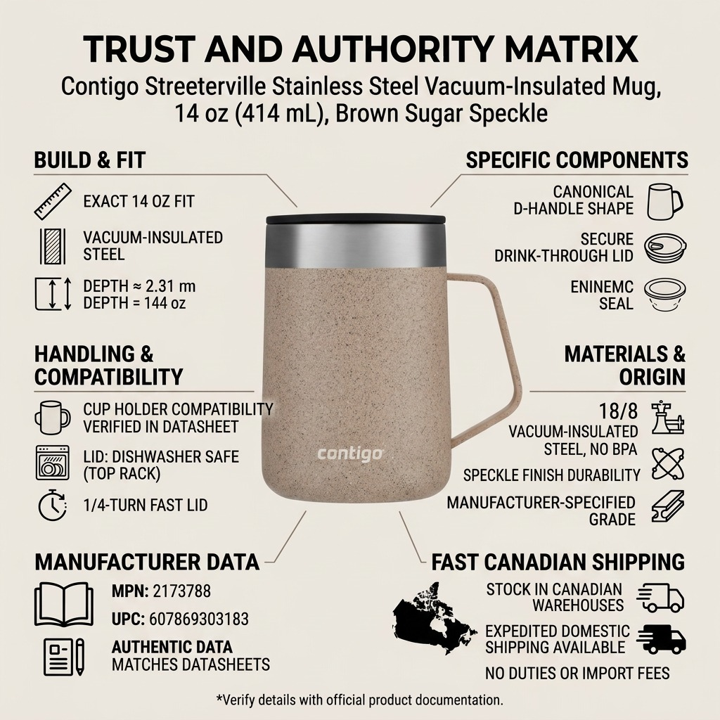 PDP trust infographic for Contigo Streeterville mug, focused on quality, fit, and fast shipping.