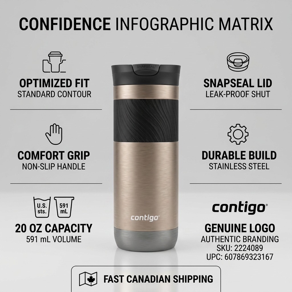 Factual confidence infographic for Contigo Byron 2.0 mug with key features and specs.