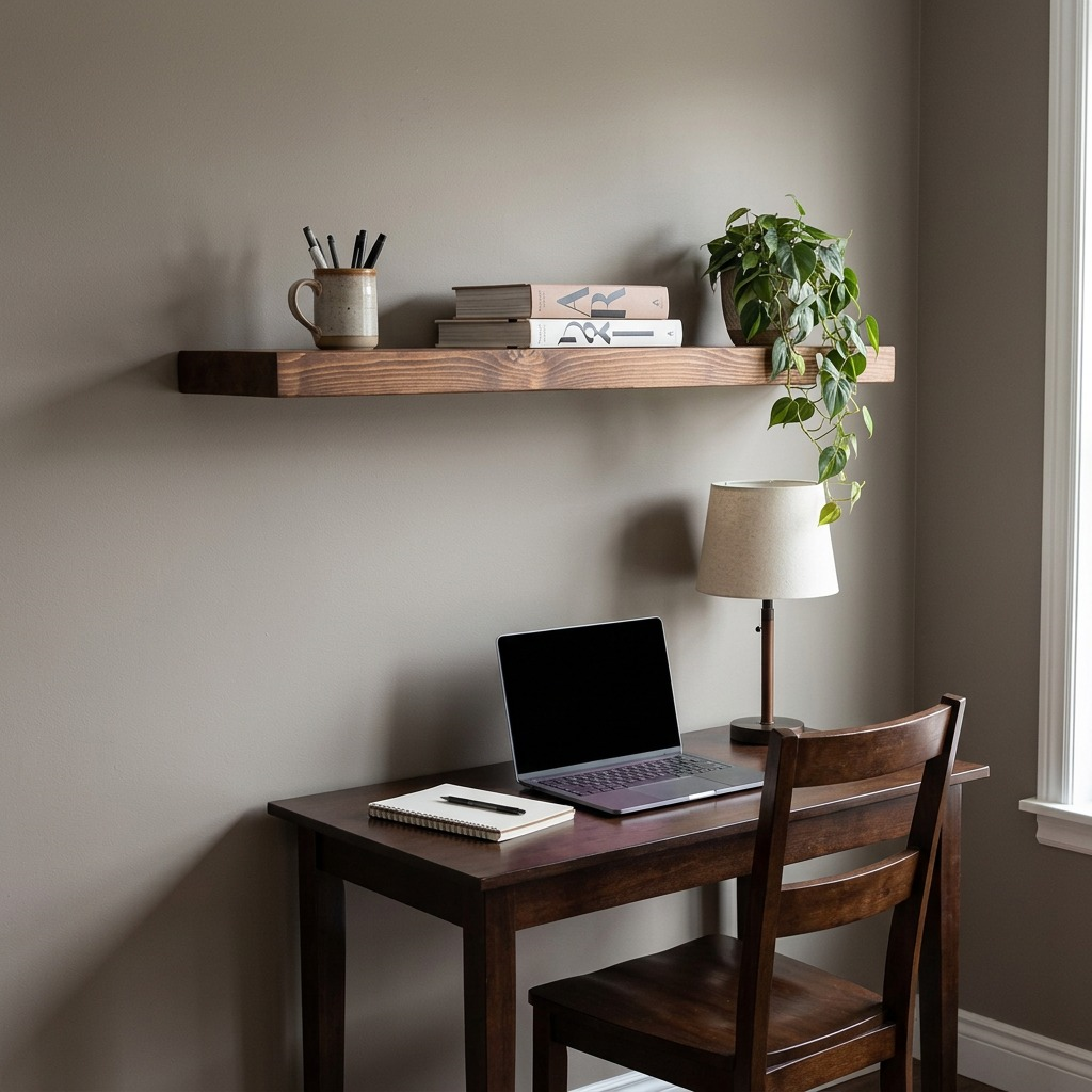 A lifestyle image showing the dark brown solid wood shelf mounted above a home desk.