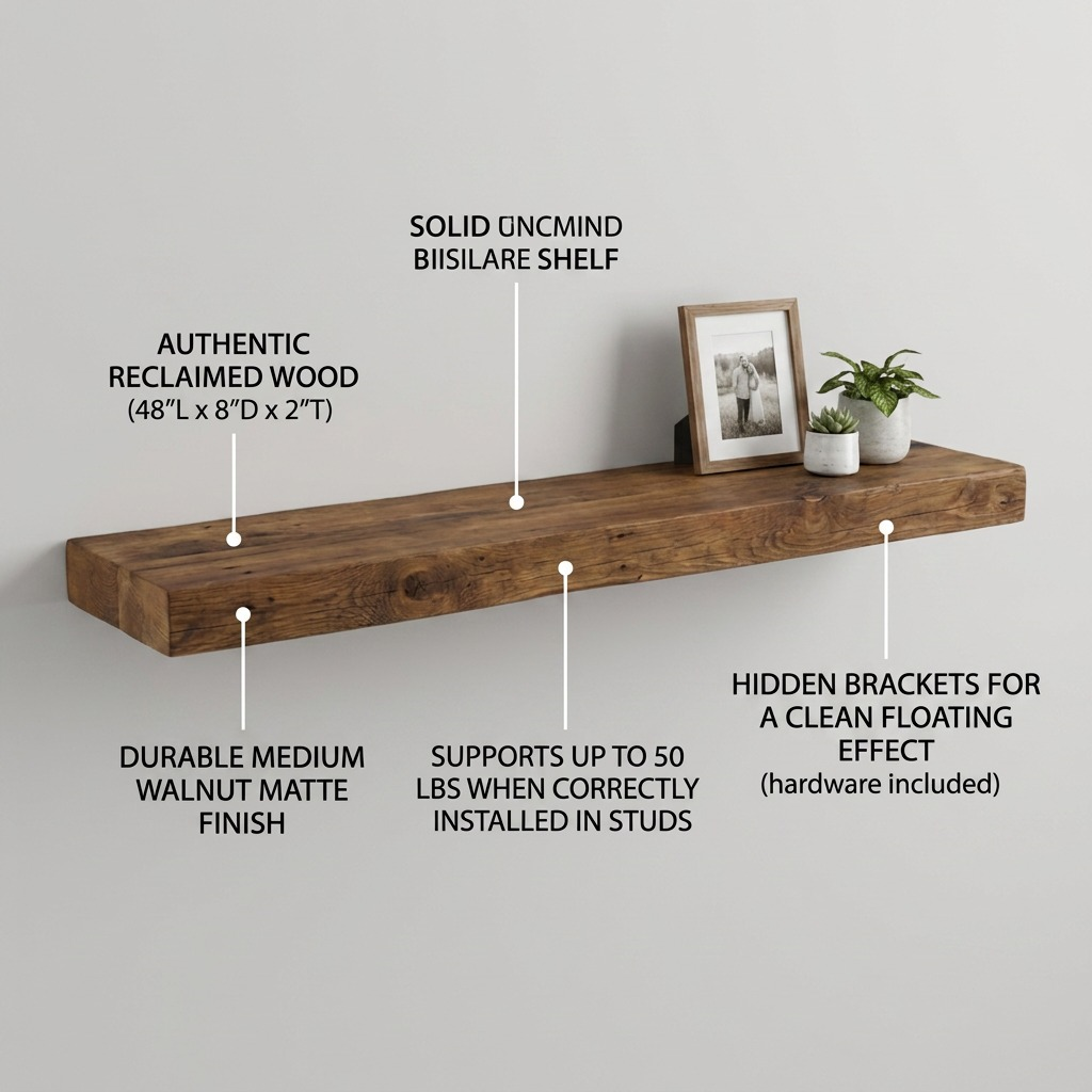 Feature callout image detailing the solid wood shelf with labels highlighting its specifications and key features.