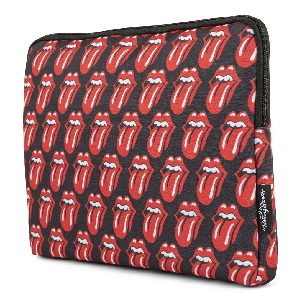 A pristine high-resolution hero shot of The Rolling Stones Core Laptop Sleeve 15.6" against a pure white background. The front shows an all-over repeating pattern of the iconic red tongue and lips logo on a sleek black polyester fabric. A black zipper outlines the top edge, and the subtle "The Rolling Stones" label is visible on the side for brand authenticity. Shot at eye level with neutral, even lighting.