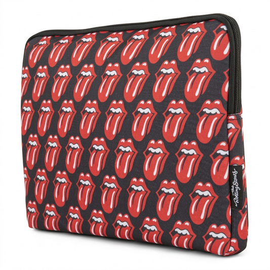 A pristine high-resolution hero shot of The Rolling Stones Core Laptop Sleeve 15.6" against a pure white background. The front shows an all-over repeating pattern of the iconic red tongue and lips logo on a sleek black polyester fabric. A black zipper outlines the top edge, and the subtle "The Rolling Stones" label is visible on the side for brand authenticity. Shot at eye level with neutral, even lighting.