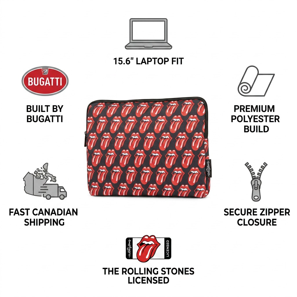 Trust and authority infographic matrix for Bugatti Rolling Stones laptop sleeve with product features and Canadian shipping.