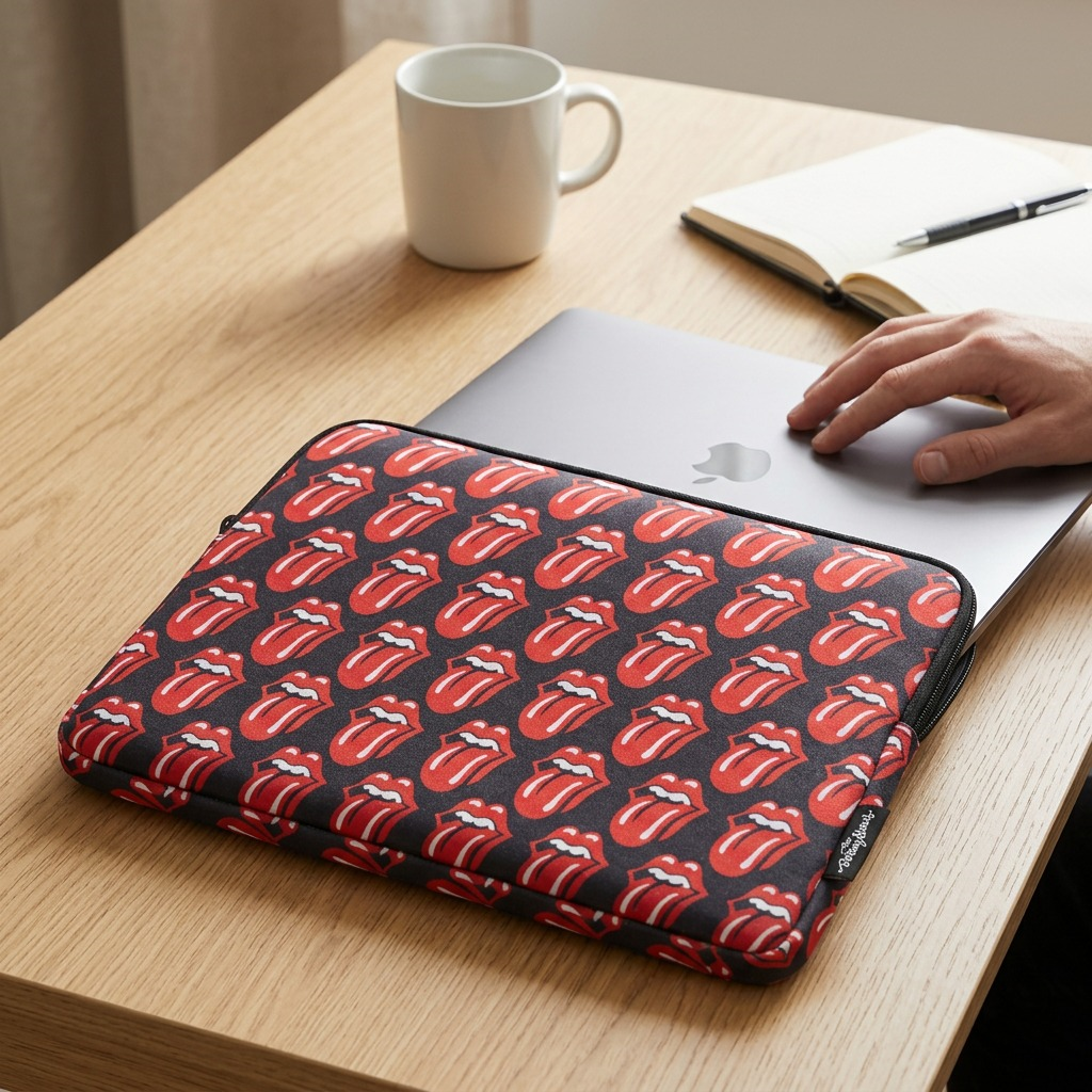 Bugatti Rolling Stones 15.6" laptop sleeve shown in a lifestyle context on a desk, next to a laptop and coffee.