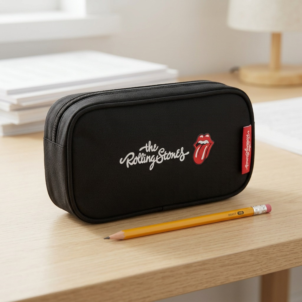 A photo-realistic image showcasing the Bugatti Rolling Stones pencil case next to a standard graphite pencil, illustrating its actual size and compact design.