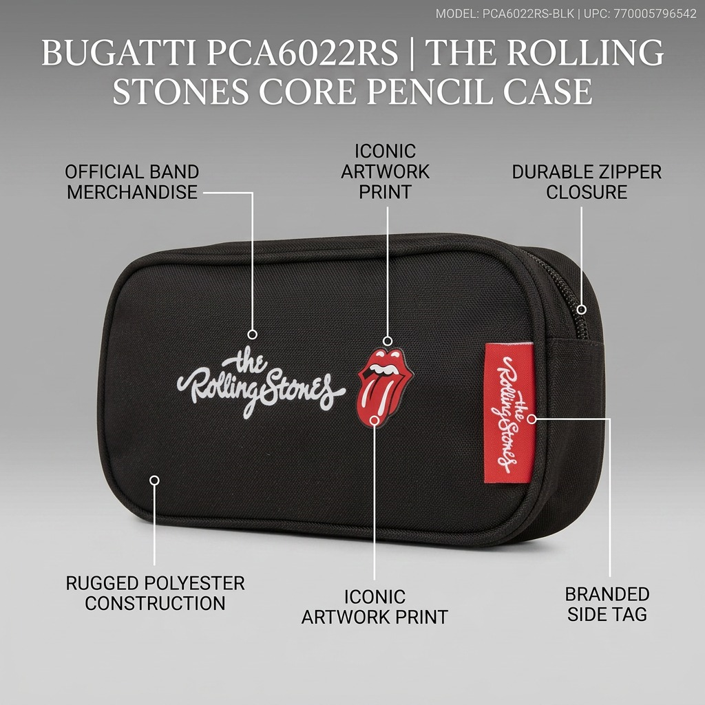 A technical feature graphic of The Rolling Stones Core Pencil Case by Bugatti (Model PCA6022RS-BLK), detailing key operational features like its robust zipper, heavy-duty 100% polyester fabric, and branded woven tag with precise descriptive callouts and benefit statements against a neutral background.