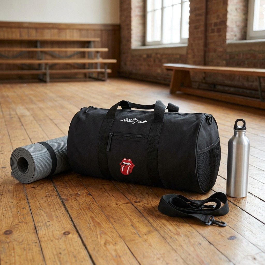BUGATTI Rolling Stones duffle bag on wood floor next to yoga mat and water bottle in home gym.