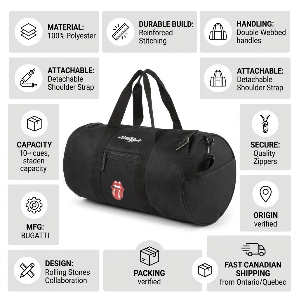 Infographic of the Rolling Stones bugatti duffle with text cues for quality and fast Canadian shipping.