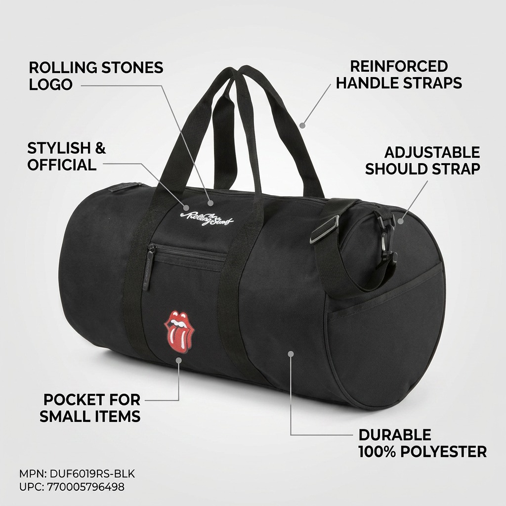 Operational feature graphic of the black Rolling Stones duffle bag with labels highlighting and explaining key features.