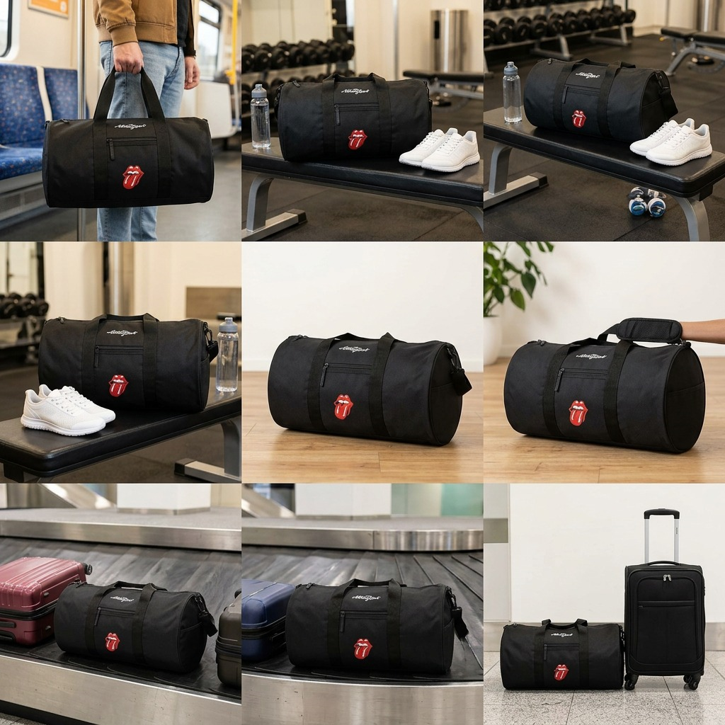 A scale reference image shows The Rolling Stones duffle bag next to a standard 12 oz. can on a desk.