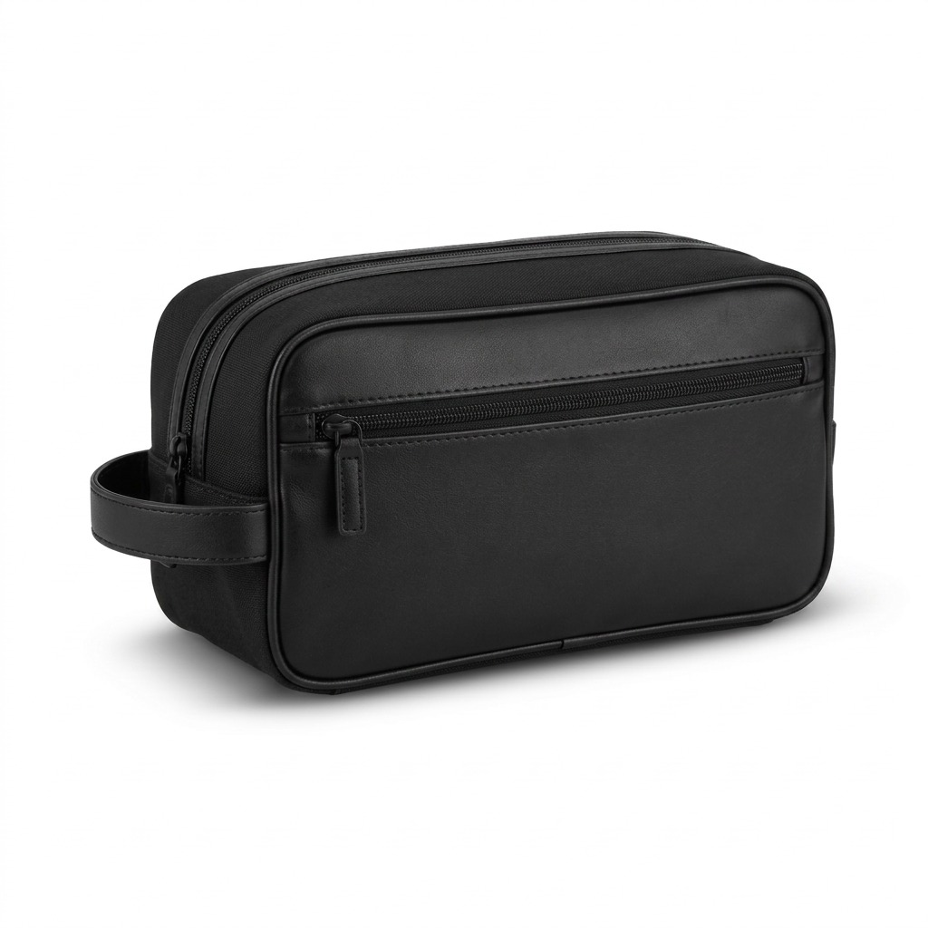 Bugatti Valentino black vegan leather toiletry bag with side handle and zippered front pocket.
