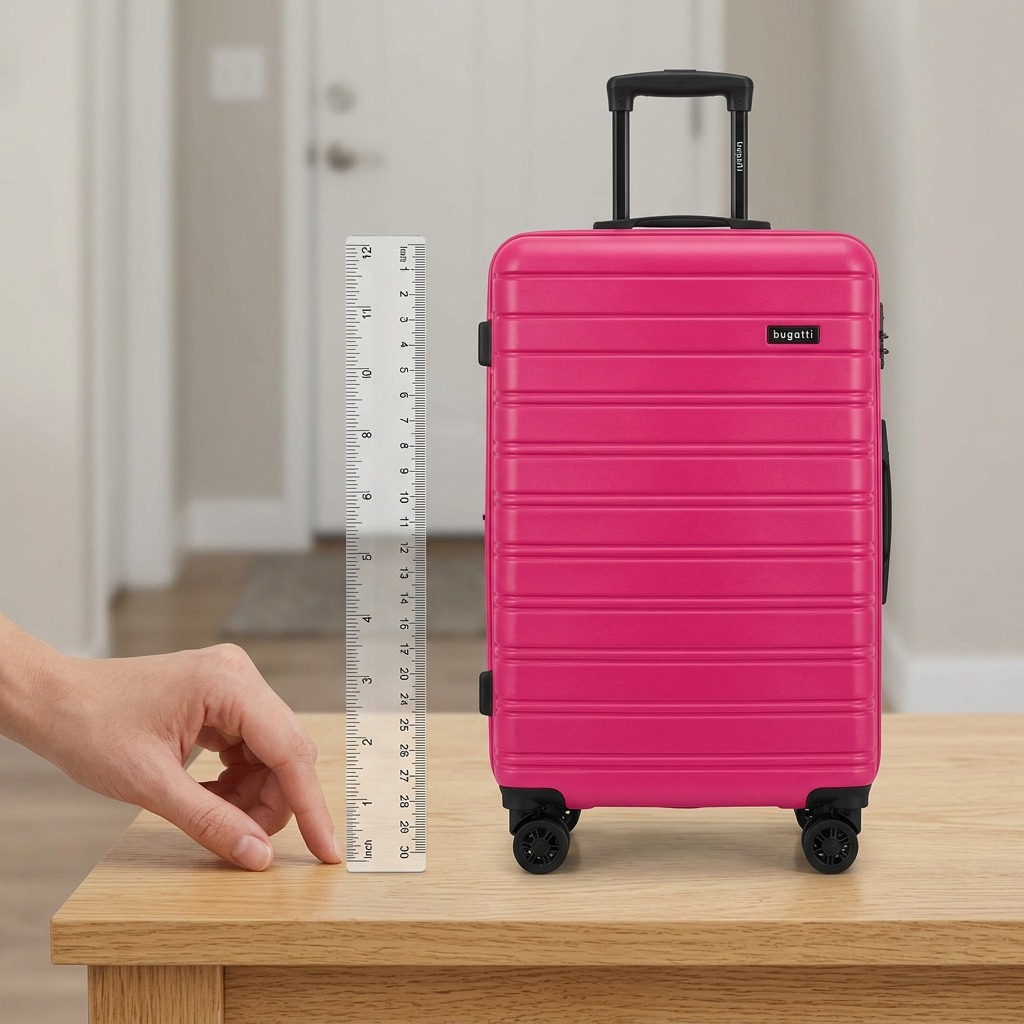 scale comparison of 28" Bugatti suitcase with a person's hand and a standard doorway for relative size