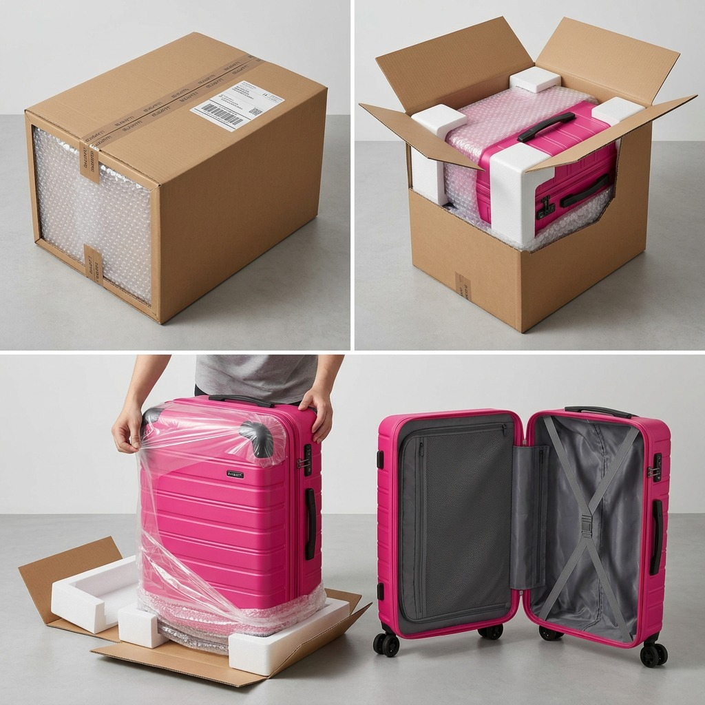 A high-quality image of the open-box Bugatti luggage nestled in protective shipping materials.