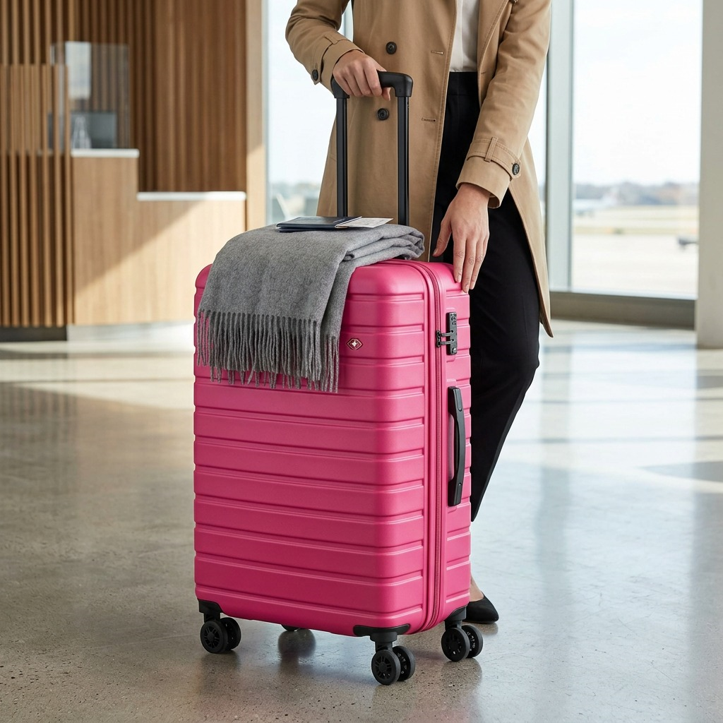A closed bright pink Bugatti 28" spinner suitcase stands on a polished concrete floor in a modern, sunlit travel hub. A passenger in a trench coat holds the handle, with a scarf on top, and a blurry airline gate behind. Natural daylight. Proportional and realistic.