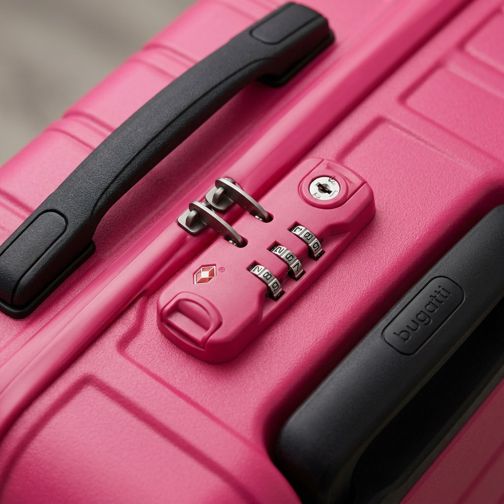 A detailed macro shot of the pink ABS suitcase's texture and black combinations lock.