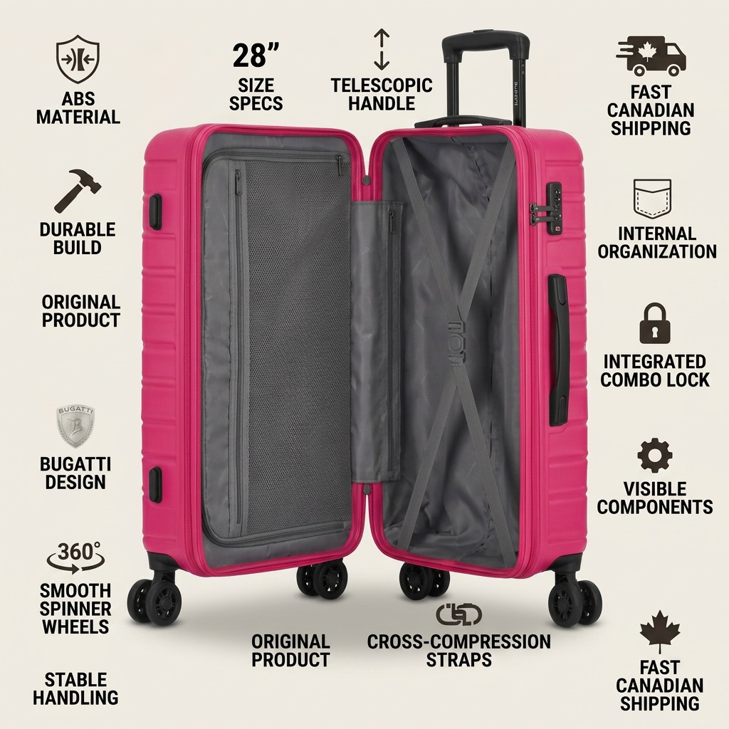 Trust and Authority Infographic for Bugatti 28" Pink Luggage, showing product features and fast Canadian shipping.