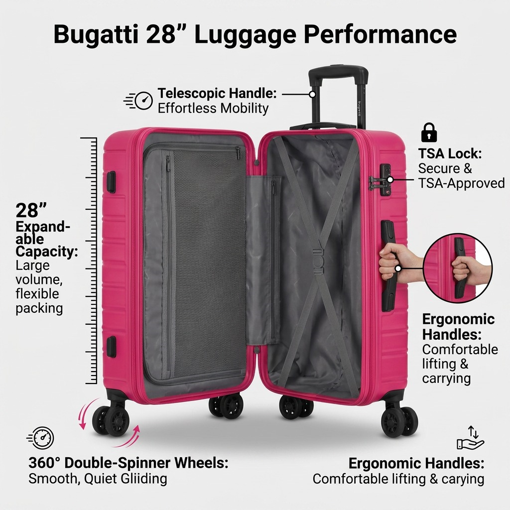 Performance infographic highlighting key operational features and benefits of the pink Bugatti 28" luggage.