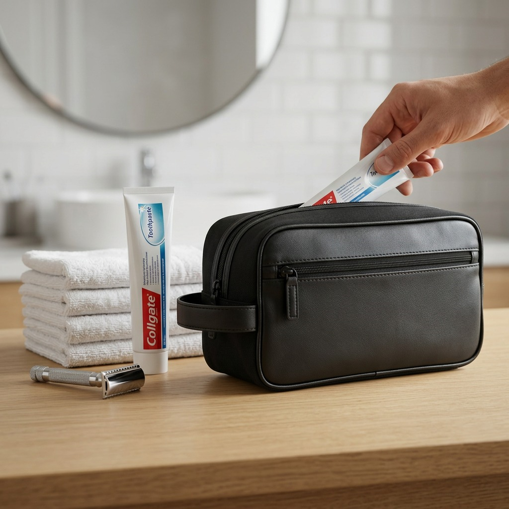 Bugatti Valentino black leather toiletry bag on a bathroom counter with personal care items for scale.