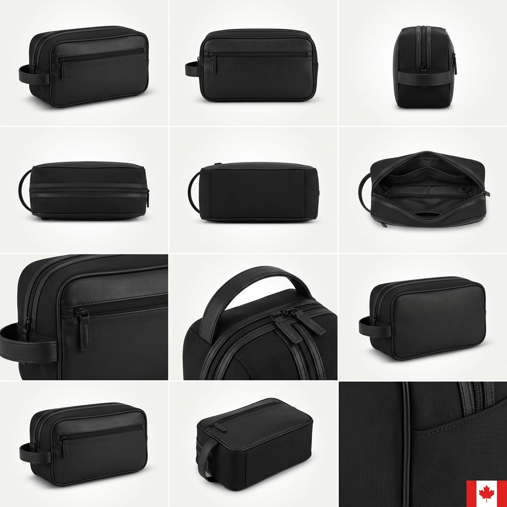 Grid of black Bugatti Valentino toiletry bags showing front, side, interior, and detail views.
