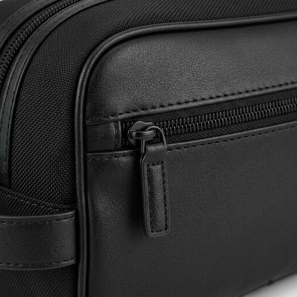 Macro detail of black vegan leather texture and zipper pull on Bugatti Valentino Toiletry Bag.