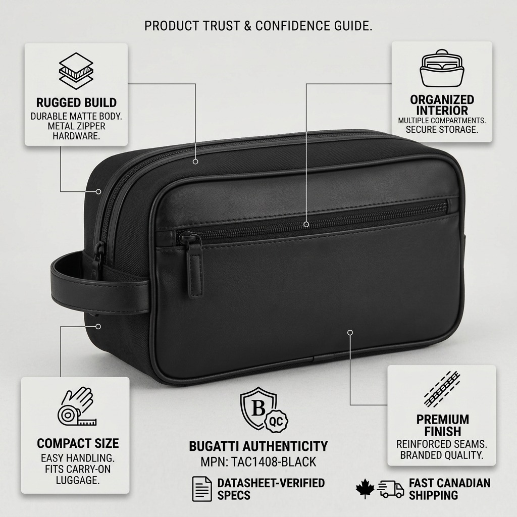 Infographic for the Bugatti Valentino Toiletry Bag in black highlighting its rugged build and premium finish.