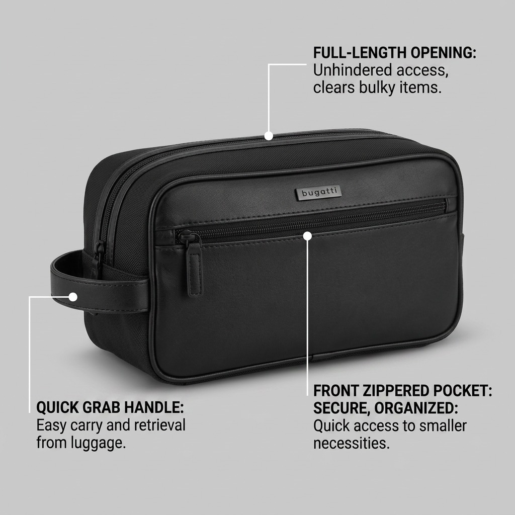 Bugatti Valentino black toiletry bag with labels highlighting the handle and zippered pockets.