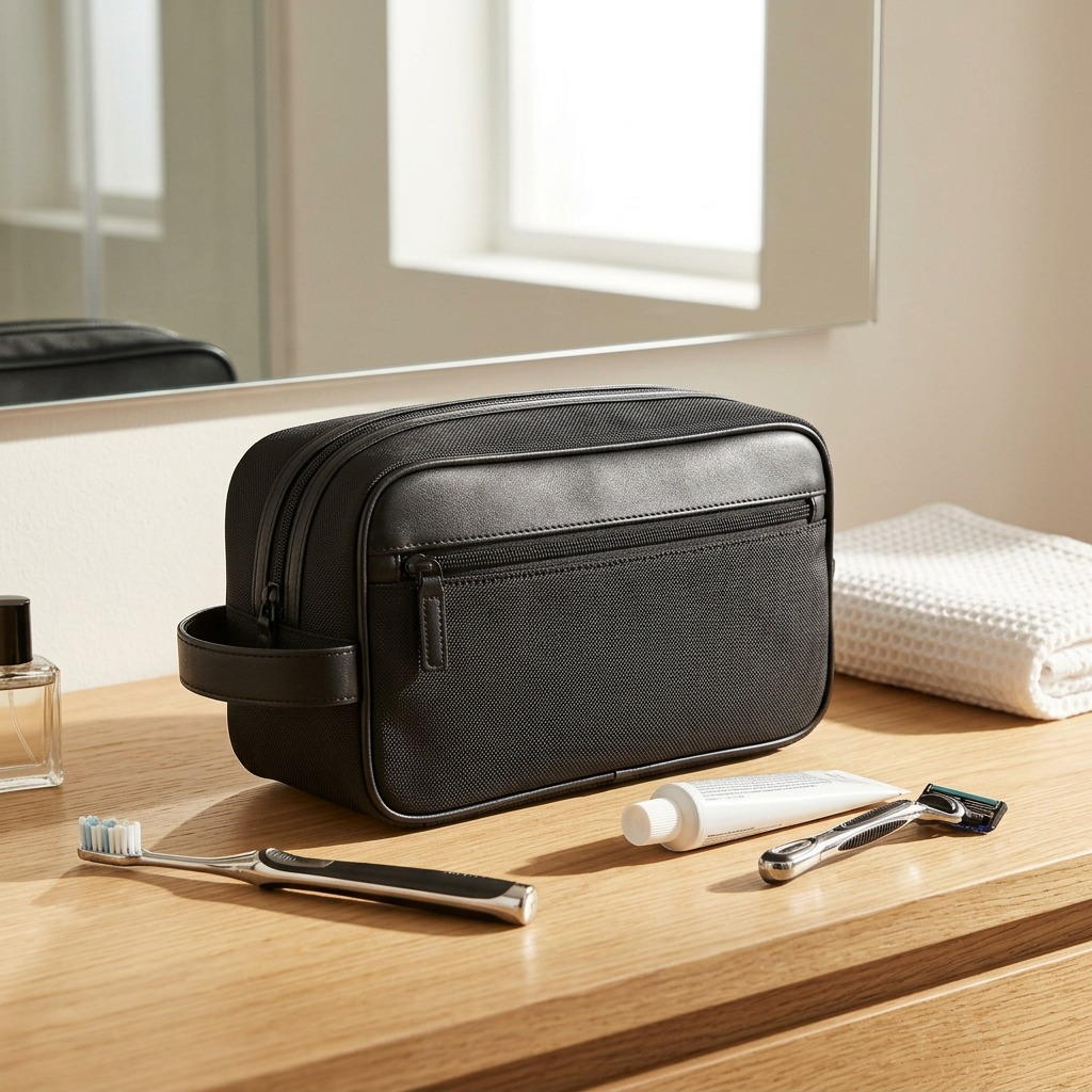 Bugatti Valentino black toiletry bag on a wooden bathroom vanity with a razor and toothbrush.