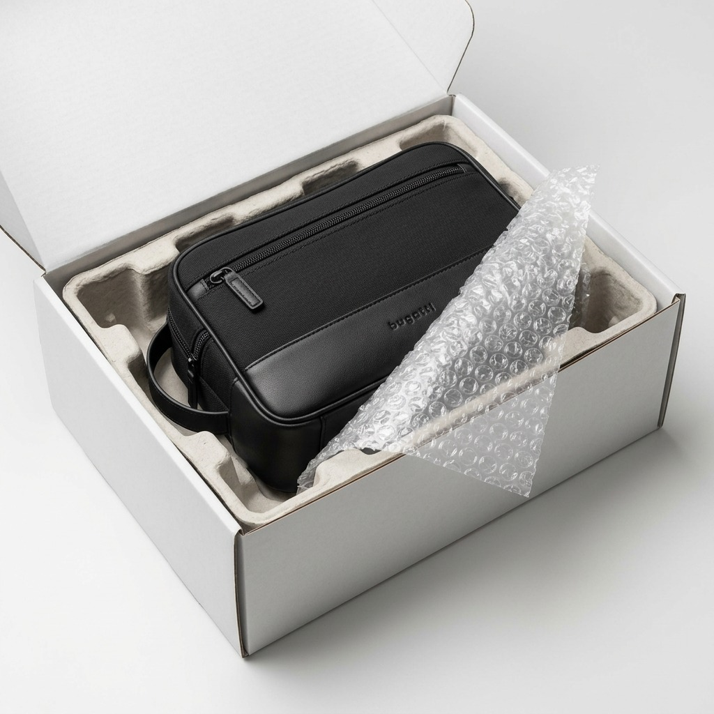 Bugatti Valentino black toiletry bag inside secure shipping box with bubble wrap protection.