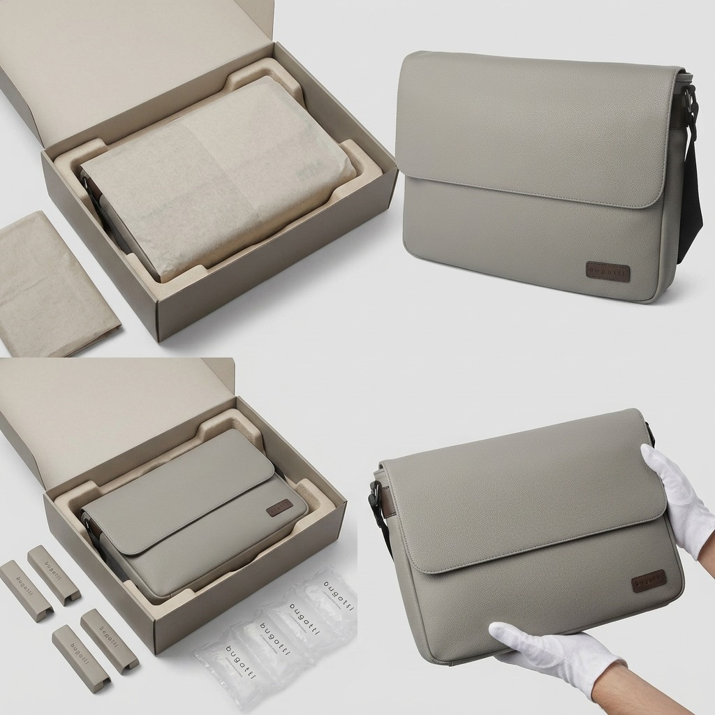 A detailed photograph showing a grey pebble grain vegan leather messenger bag being unboxed from a premium, protected shipping carton, with an emphasis on its pristine condition.
