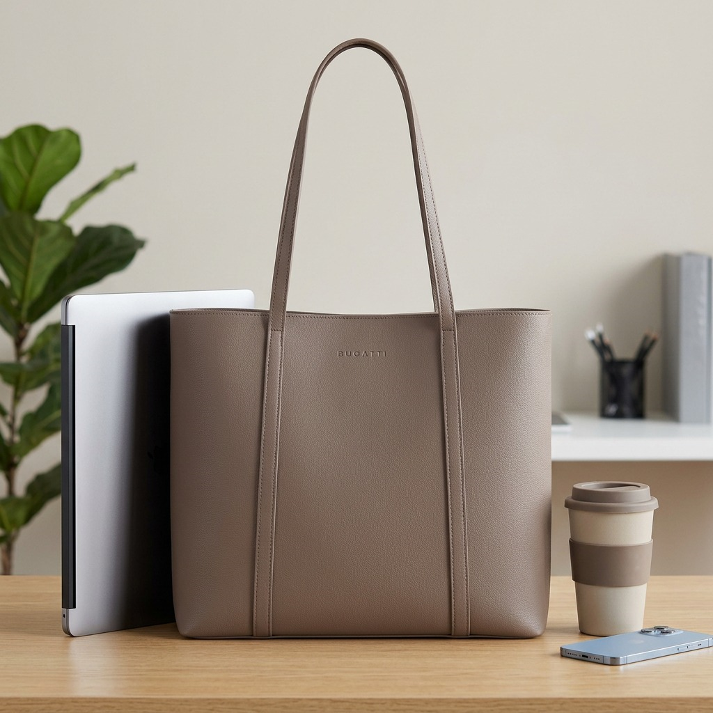 Scale reference image featuring the Bugatti Pure Business Tote next to a 13" laptop, coffee cup, and phone.