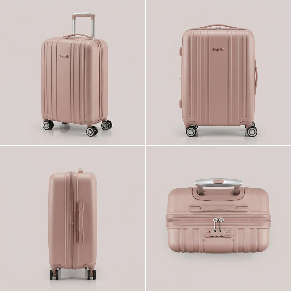 A precise grid matrix showcasing the same pink Bugatti carry-on spinner luggage from her, featuring front, side, back, and top-down views.