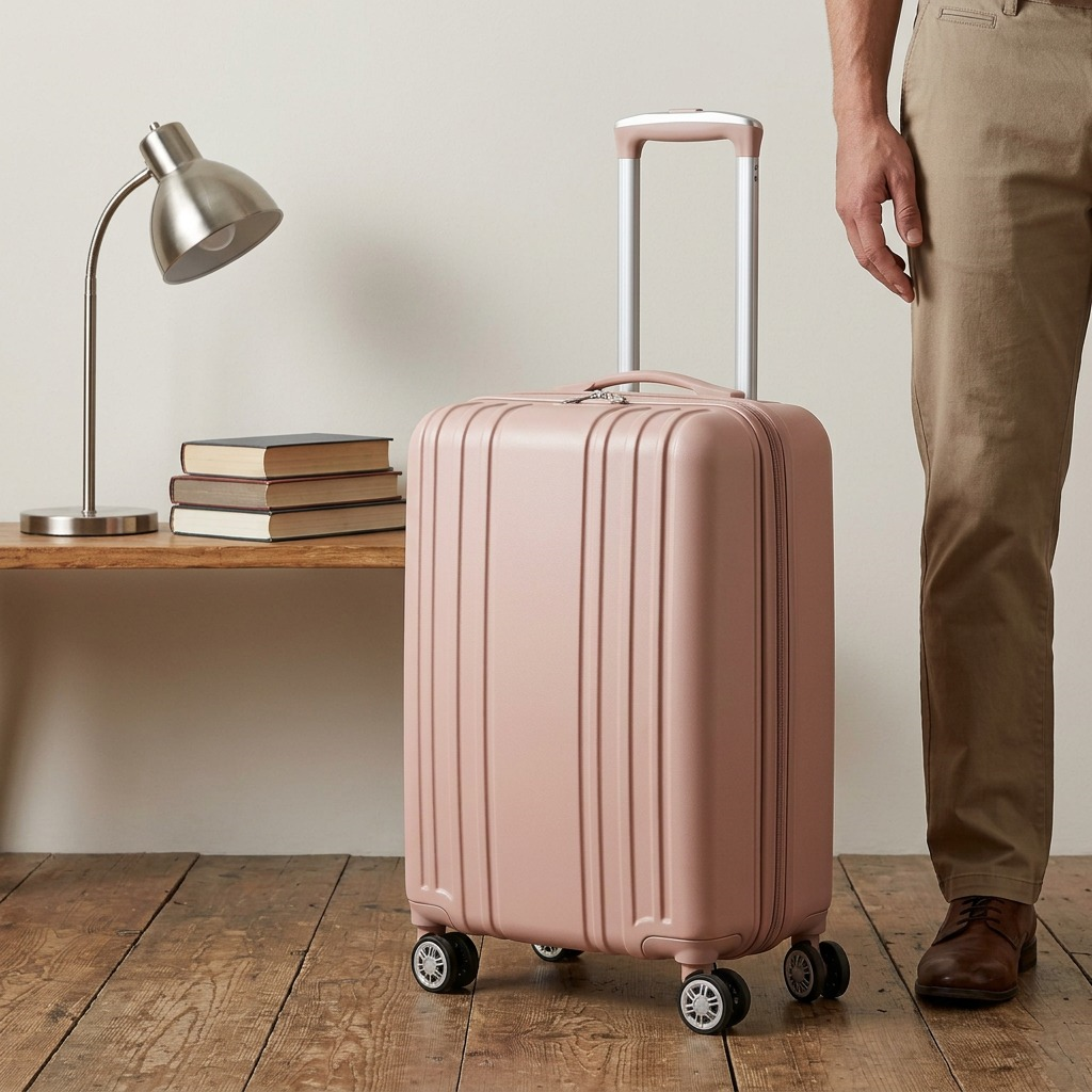Scale reference photo: Bugatti carry-on suitcase beside an adult leg and common room objects.