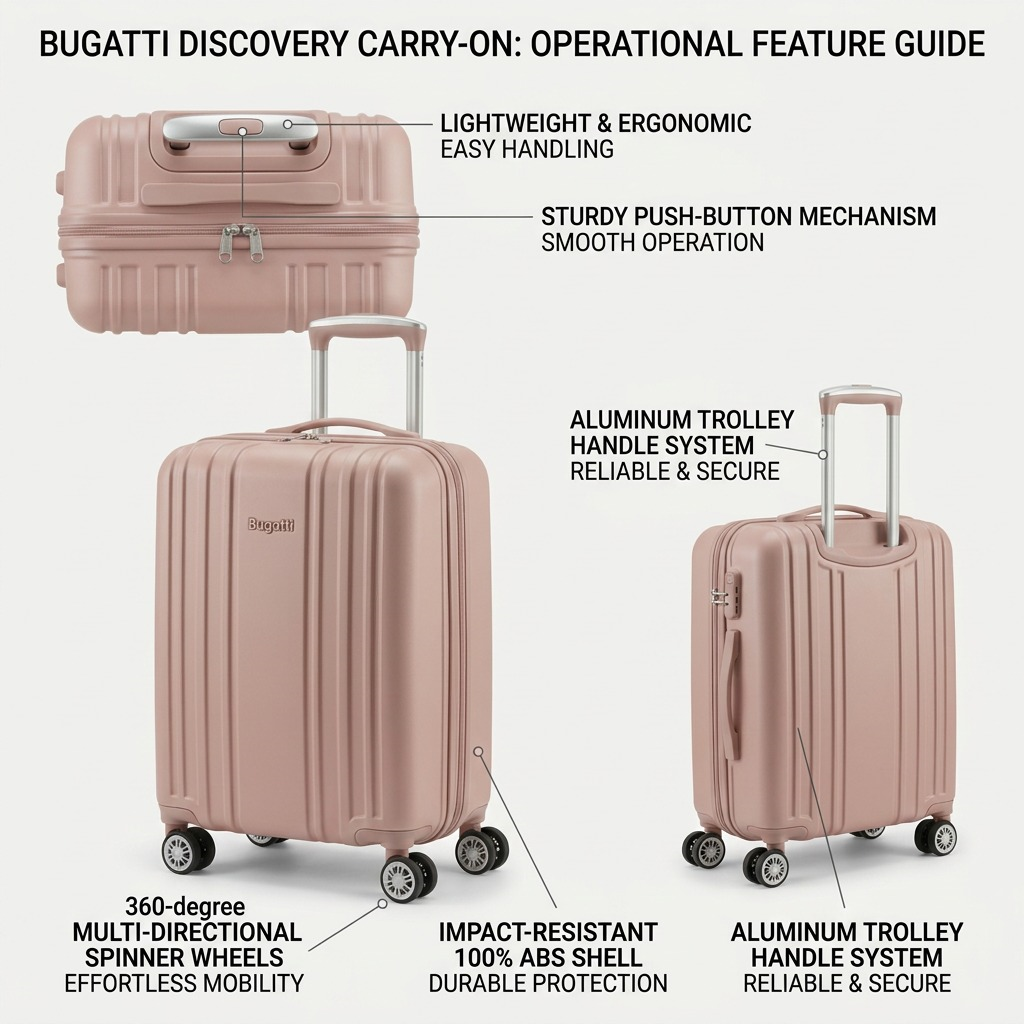 An infographic detailing the operational features of the Bugatti ABS carry-on luggage with callout labels.