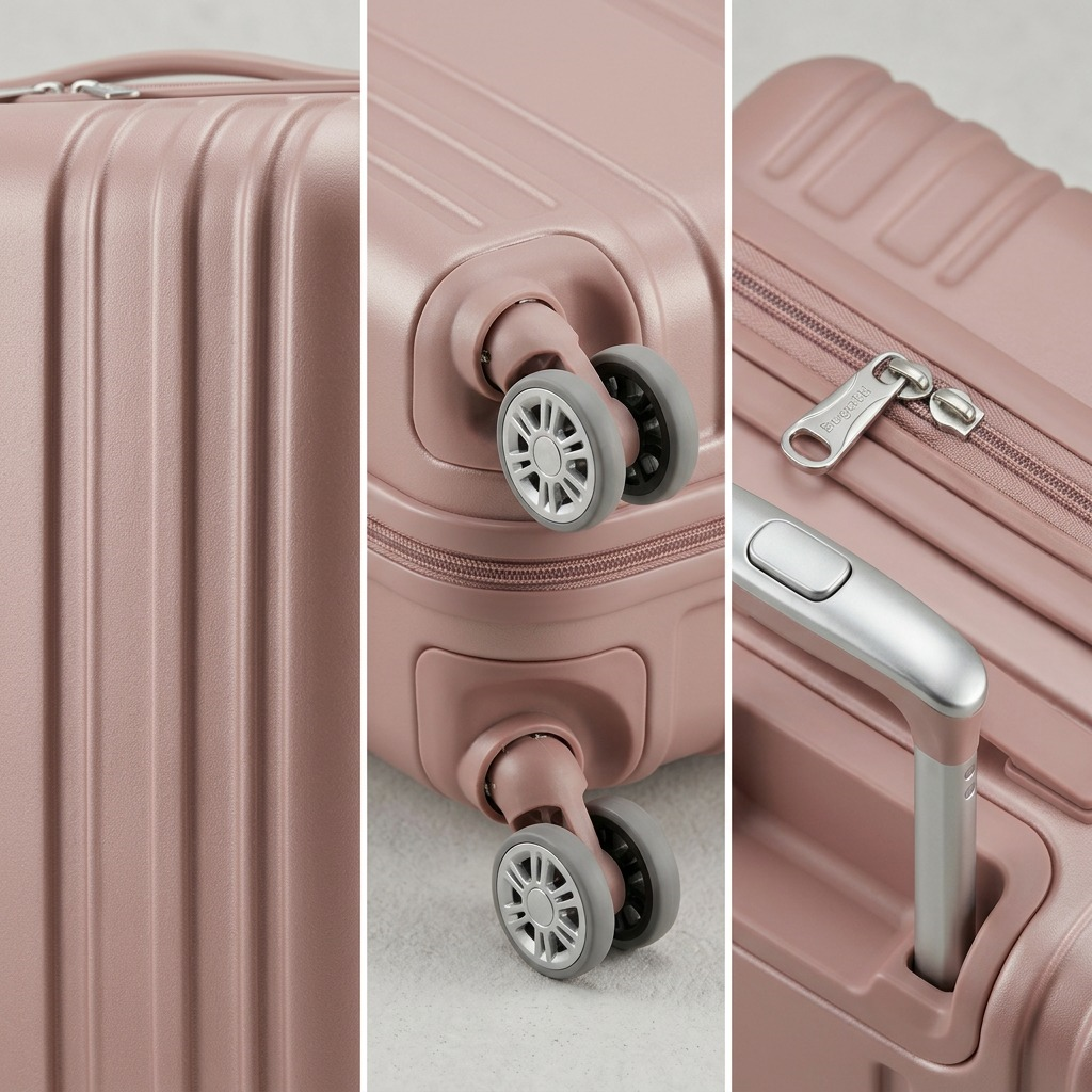 Extreme detail of the durable polycarbonate hardshell and smooth spinner wheel on the blush pink Bugatti luggage.