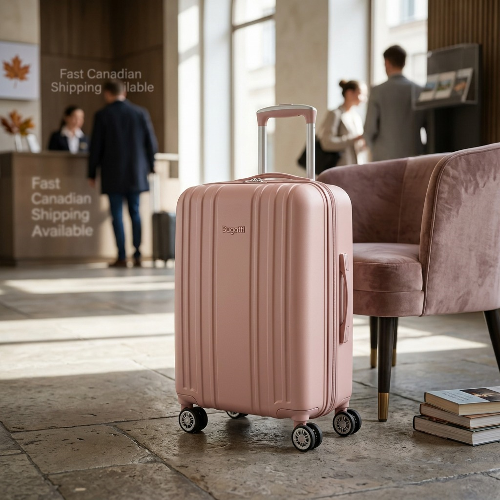 Blush Bugatti carry-on with silver handle in a hotel lobby setting with natural lighting.
