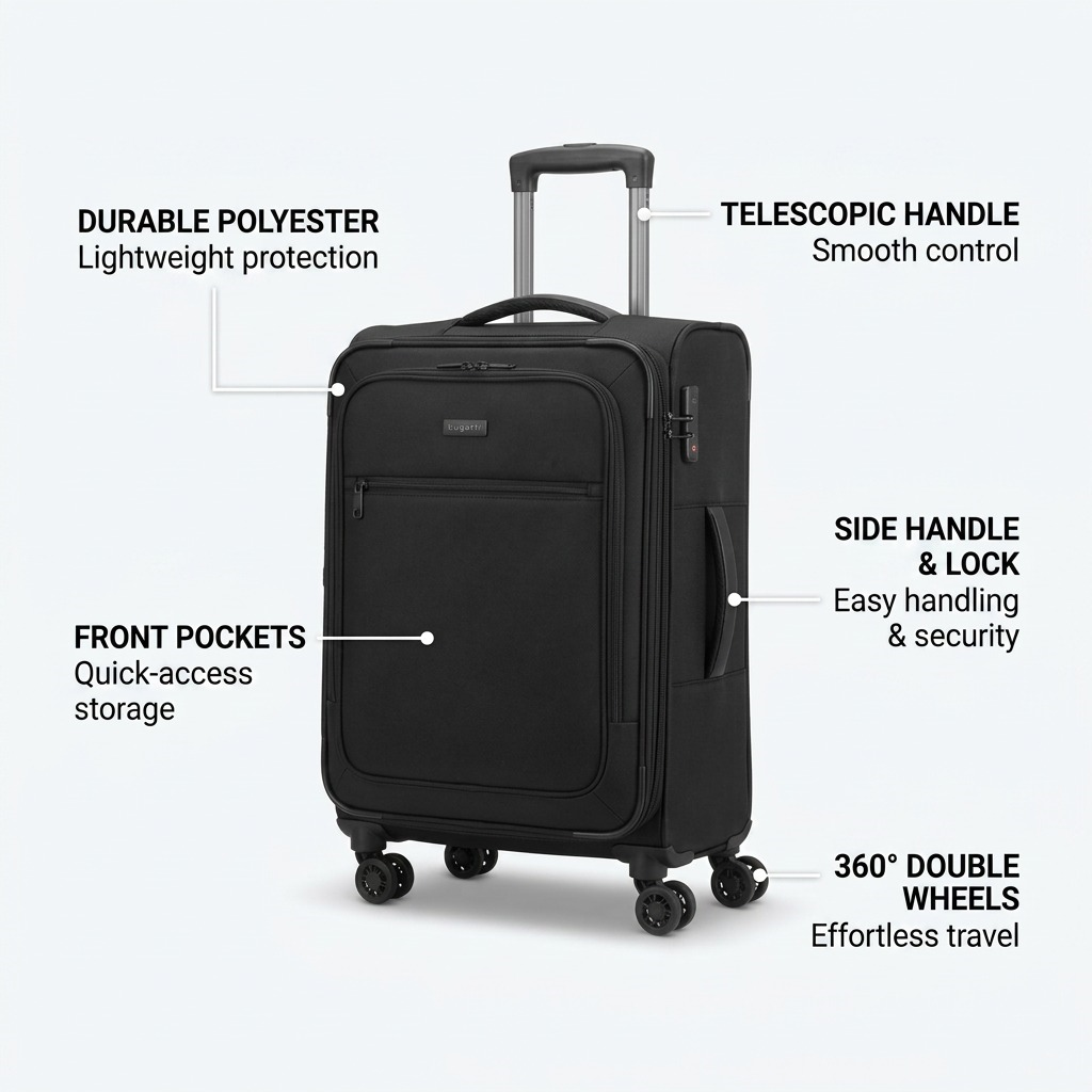 A polished infographic displaying key features and corresponding benefits of the Bugatti Sydney black luggage.