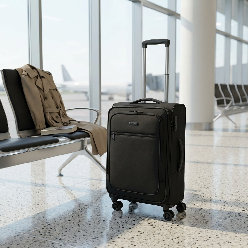 A photo of the Bugatti Sydney carry-on luggage on a marble floor in a bright airport terminal.