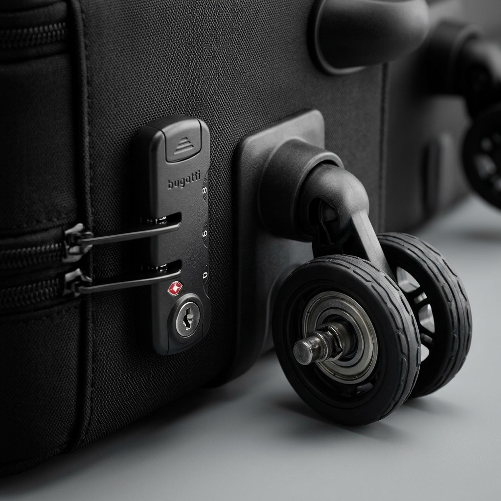 An extreme close-up of the integrated TSA lock and a precision spinner wheel on the Bugatti carry-on.