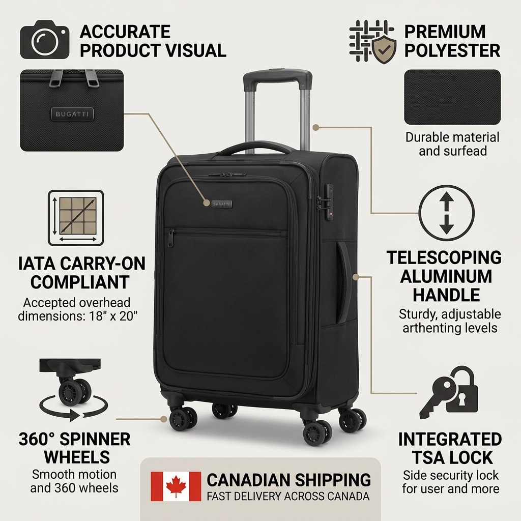 A detailed visual guide matrix highlighting the authentic features of the Bugatti Sydney carry-on luggage for Canadian buyers.