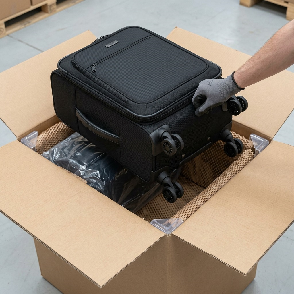 A premium unboxing scene shows the carefully wrapped Bugatti Sydney carry-on luggage inside its protective shipping box.