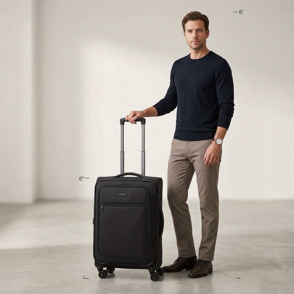 A person is standing beside the black Bugatti Sydney luggage, demonstrating its relative scale.