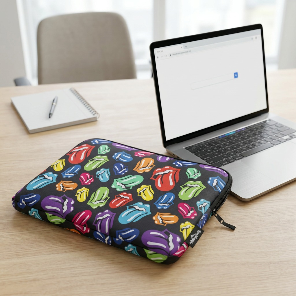 The Rolling Stones 15.6" laptop sleeve rests on a wooden desk beside an open generic 15-inch laptop.