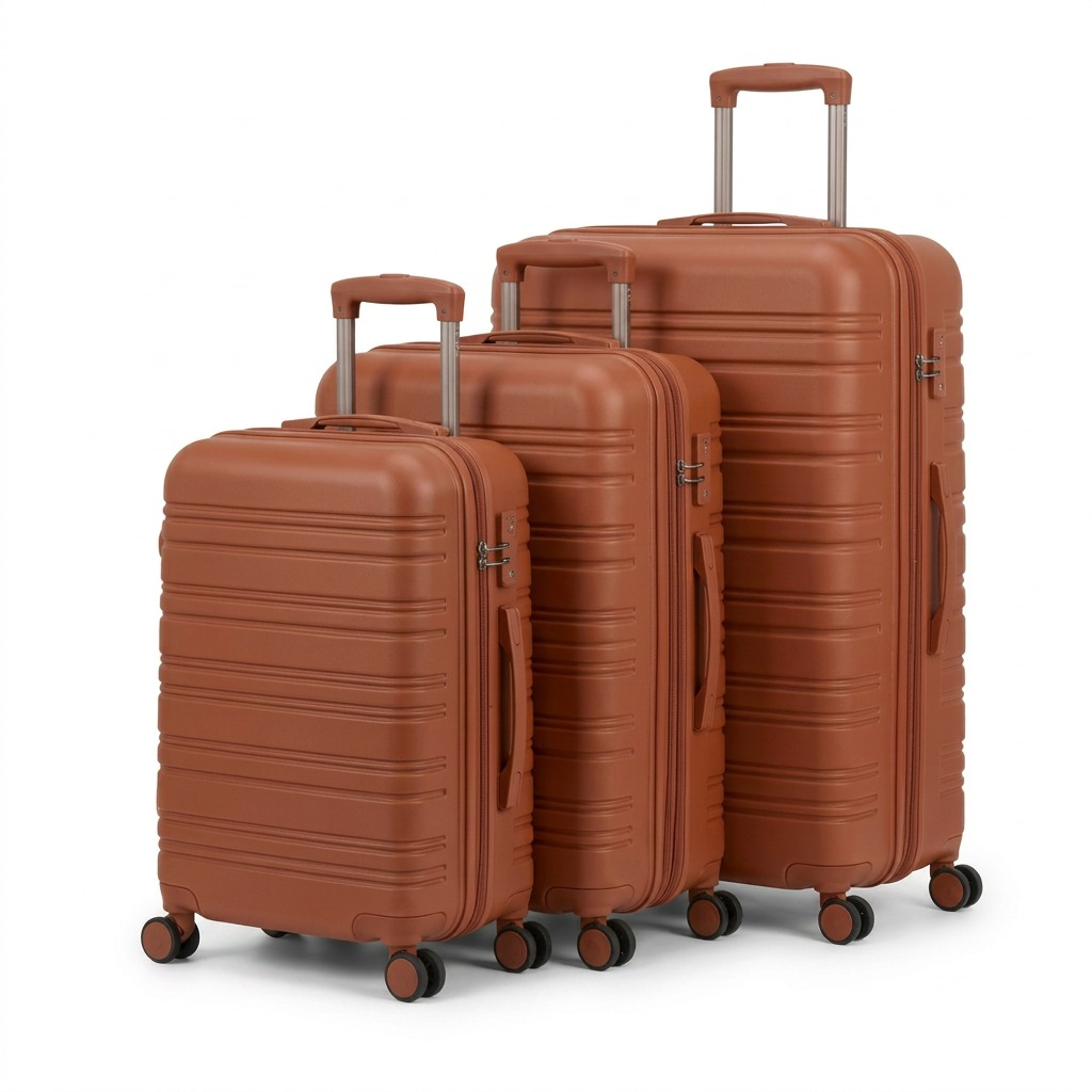 A high-resolution, centered view of the Bugatti 3-Pcs Luggage Set (Rust) on a pure white background.