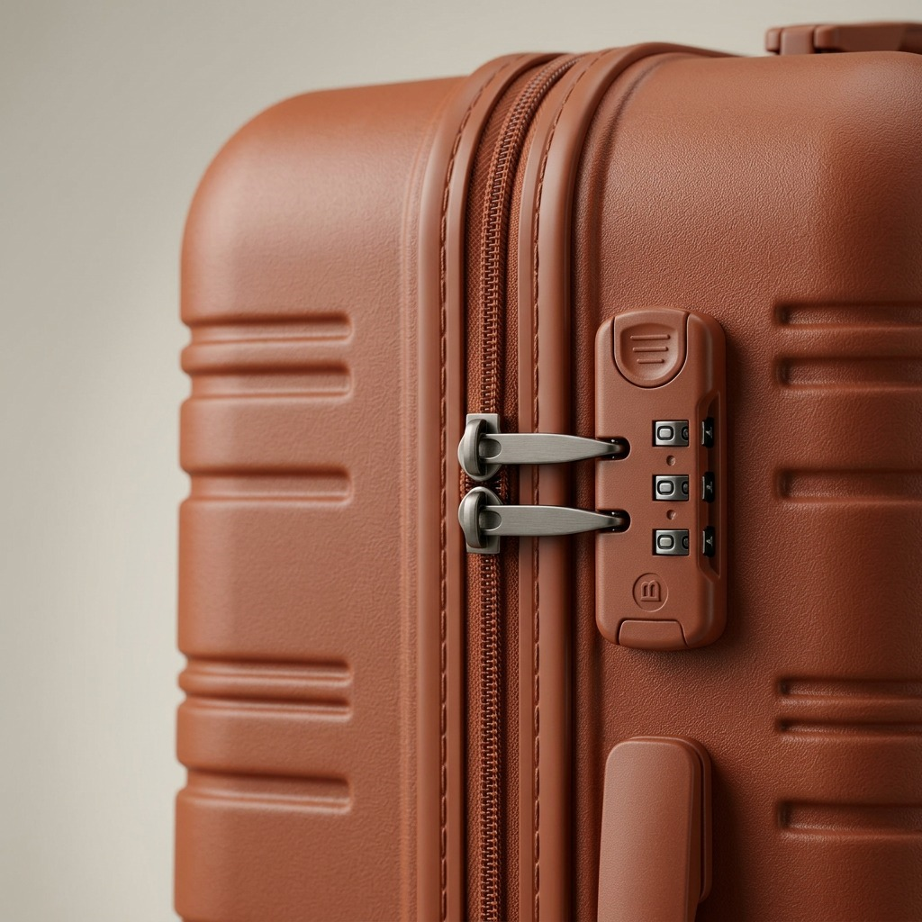 Extreme close-up of the textured ABS hardshell and integrated three-digit combination lock.