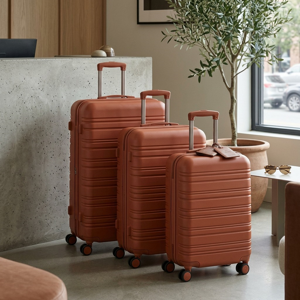 A close-up photograph of the Bugatti medium suitcase on polished terrazzo, near a potted olive tree, with luggage tag and passport in a natural, sunlit hotel lobby.