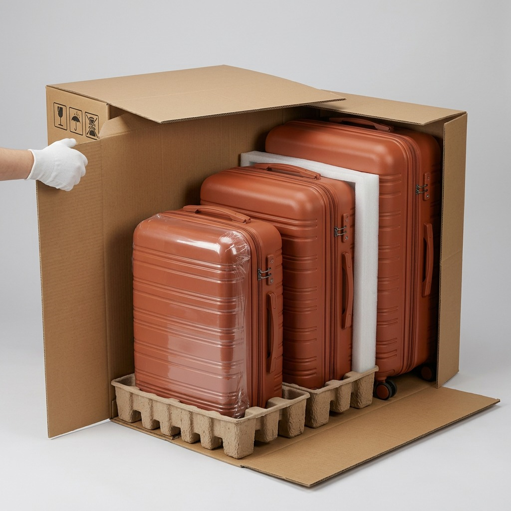 Visual matrix showing the three-piece Bugatti luggage set neatly nestled in protective custom foam and cardboard shipping box.